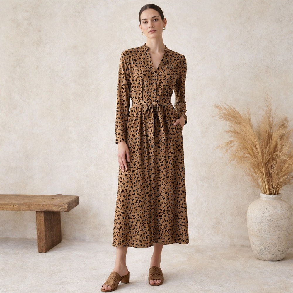 Cloth & Stone Leopard Print Maxi Shirt Dress Belted Button Front Size L Boho Chi - Picture 14 of 14